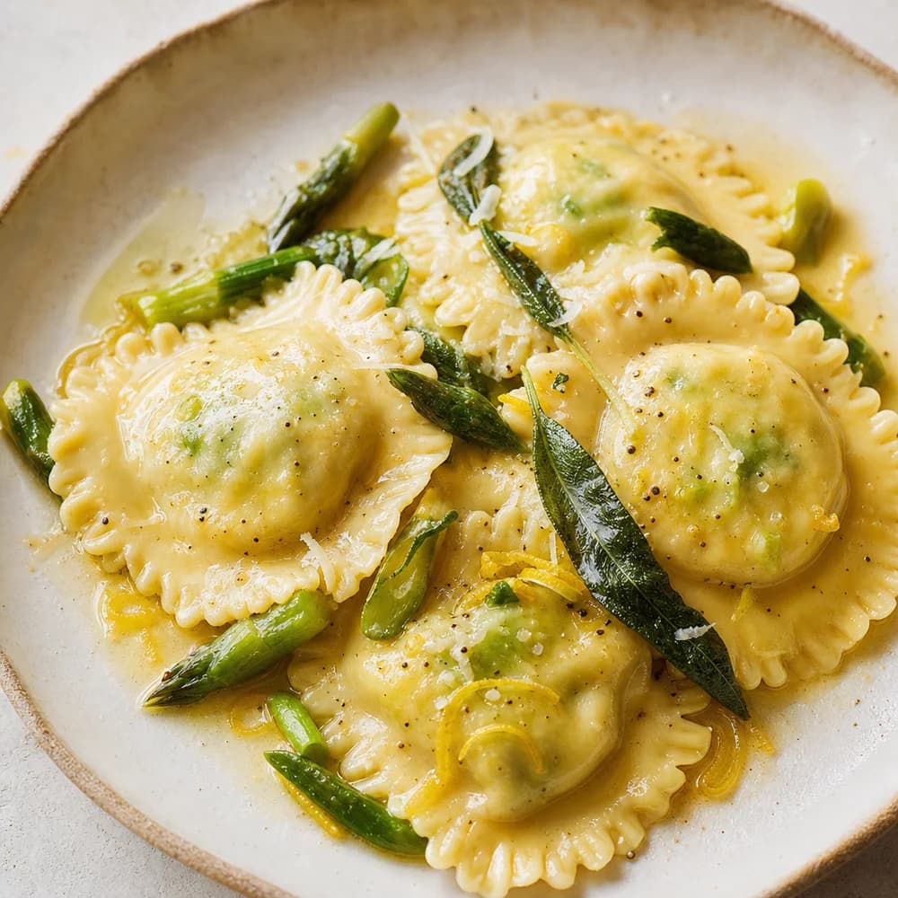 Spargel-Ravioli mit Zitronen-Ricotta und Salbeibutter