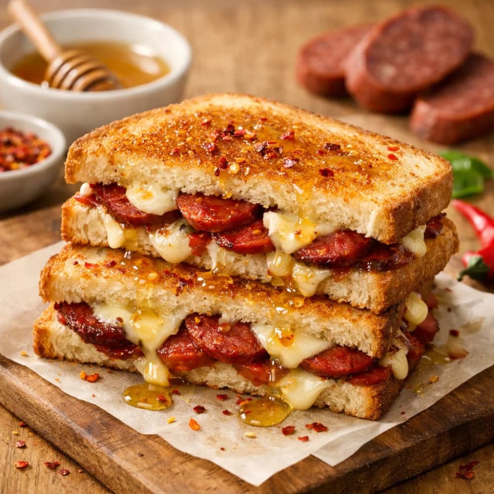 Sucuk-Käse-Toast mit Honig-Chili-Kick