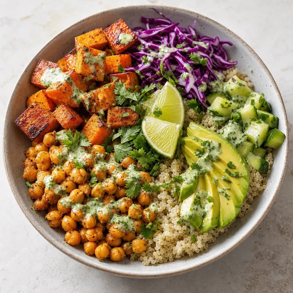 Süßkartoffel-Kichererbsen-Bowl mit Limetten-Koriander-Dressing