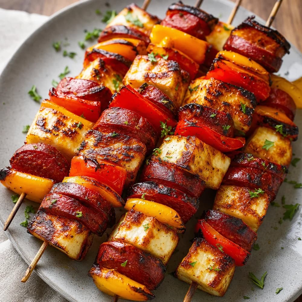 Würzige Sucuk-Halloumi-Paprika-Spieße vom Grill