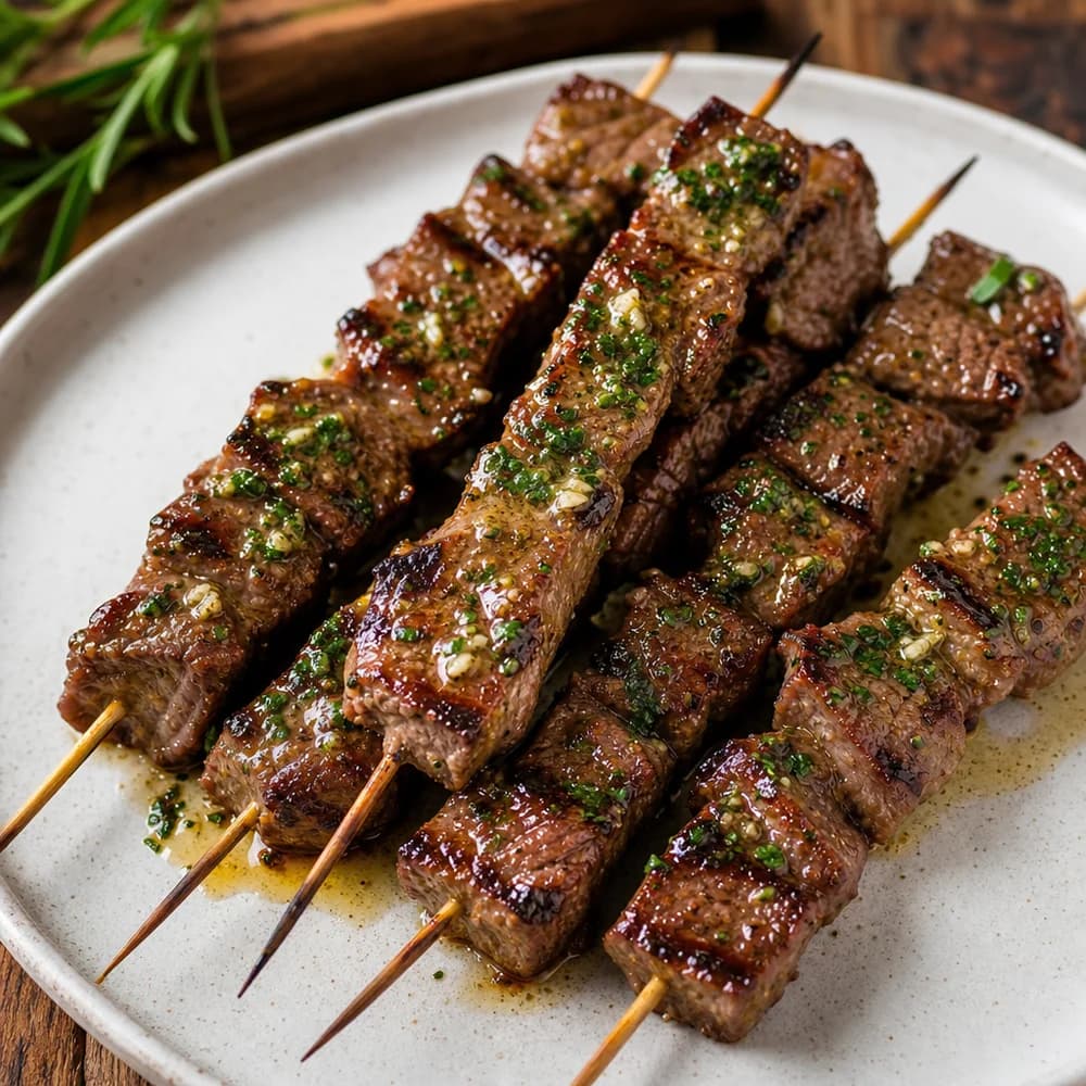 Zarte Steakhouse-Rinderfilet-Spieße mit Kräuterbutter-Glaze