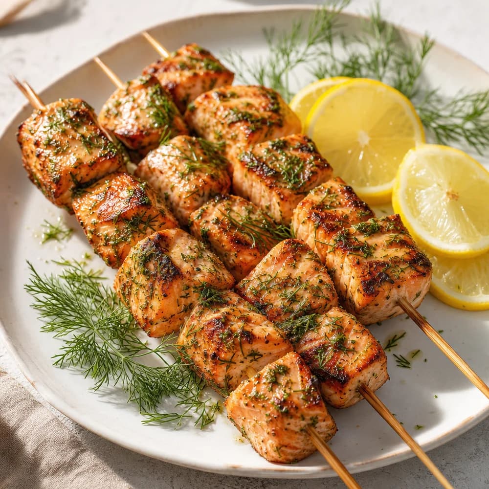Zitronen-Dill-Lachsspieße vom Grill oder aus der Pfanne