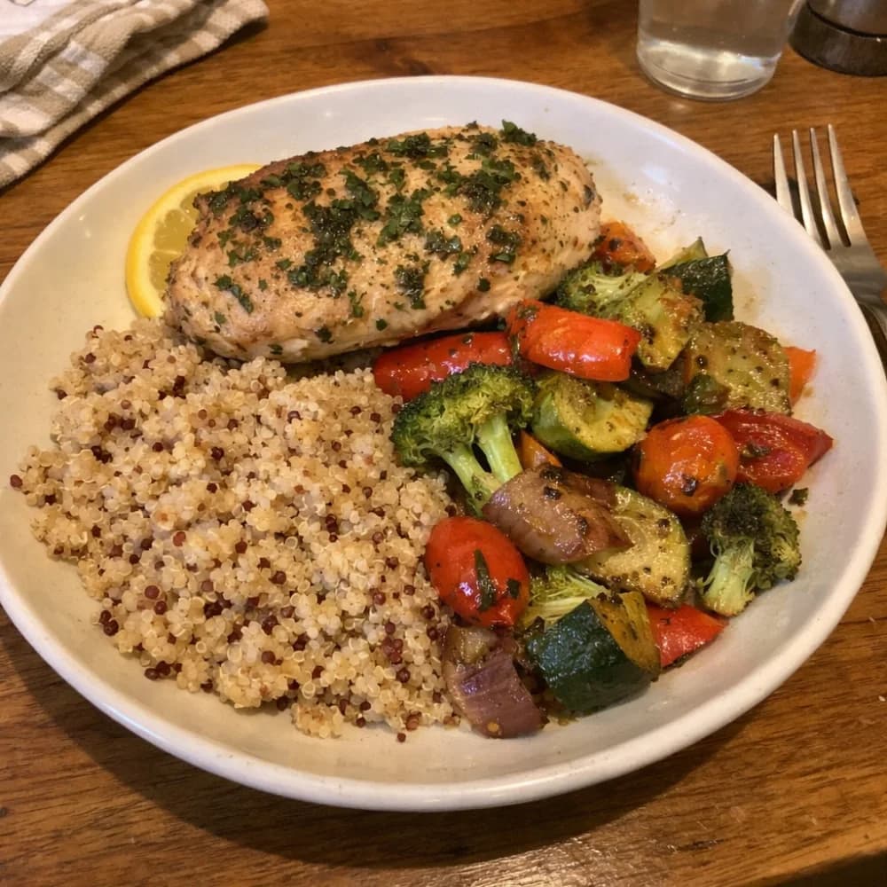 Zitronen-Kräuter-Hähnchenbrust mit Quinoa und geröstetem Gemüse