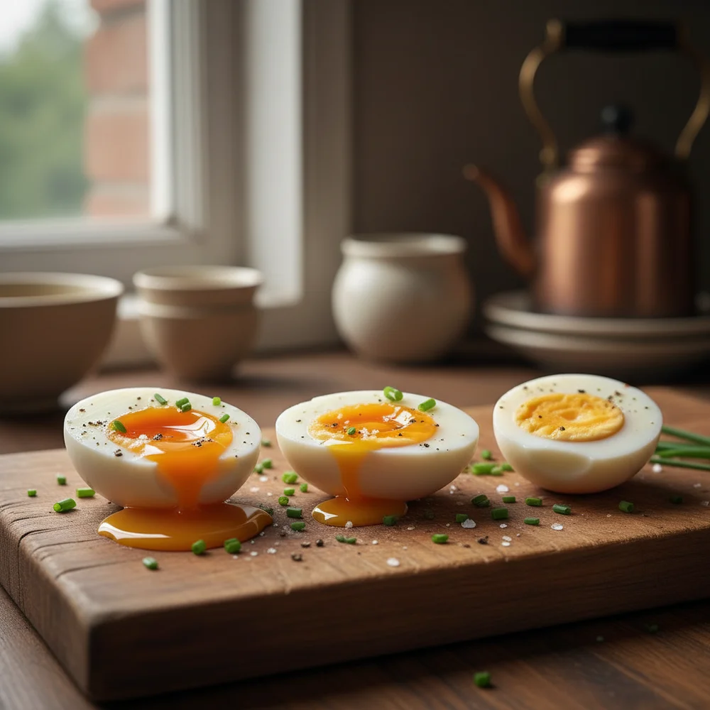 Drei perfekt gekochte Eier in verschiedenen Garstufen von weich bis hart auf einem Holzbrett