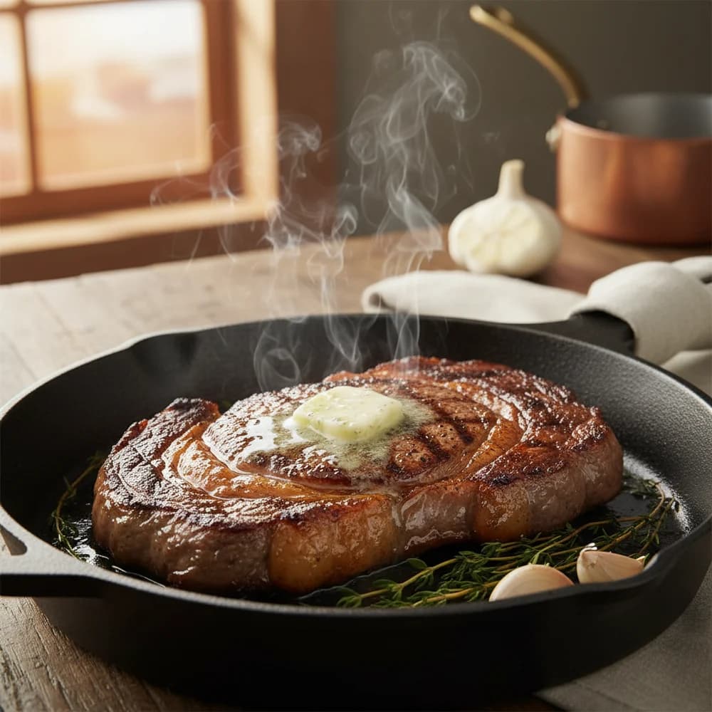 Perfekt gebratenes Steak in gusseiserner Pfanne mit Butter und Kräutern – so gelingt Fleisch braten richtig
