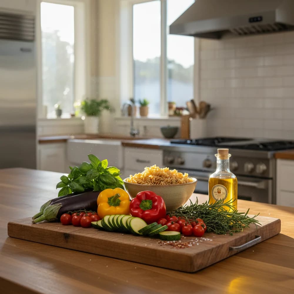 Frische Zutaten zum gesund kochen - buntes Gemüse, Vollkornprodukte und Kräuter auf Holzbrett