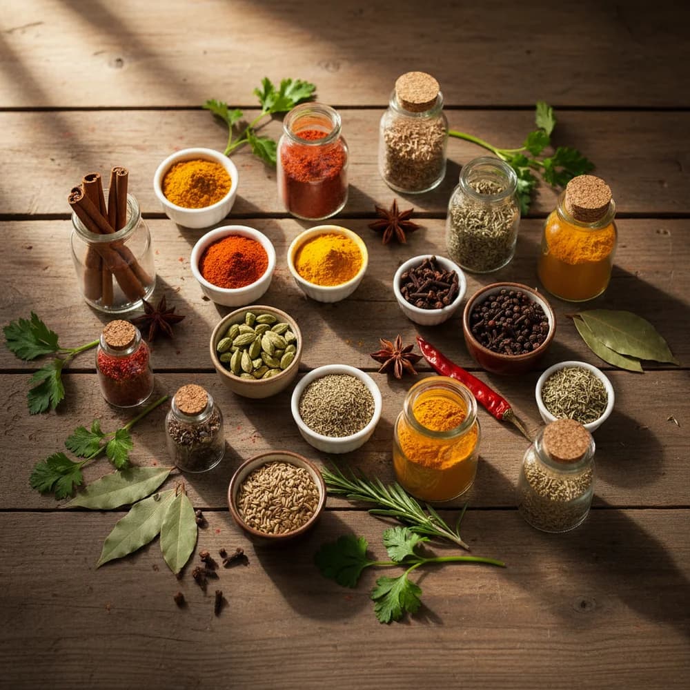 Gewürze Grundausstattung mit 15 wichtigsten Gewürzen in Gläsern auf Holztisch arrangiert