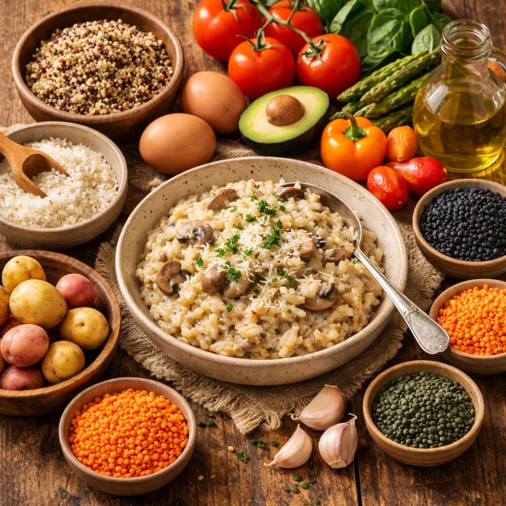 Glutenfreie Ernährung – natürlich glutenfreie Zutaten wie Quinoa, Reis, Gemüse und Eier auf einem Holztisch