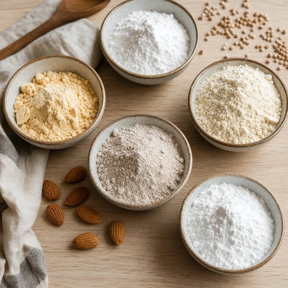 Verschiedene glutenfreie Mehlsorten in Keramikschälchen auf Holztisch – Reismehl, Mandelmehl, Buchweizenmehl im Vergleich