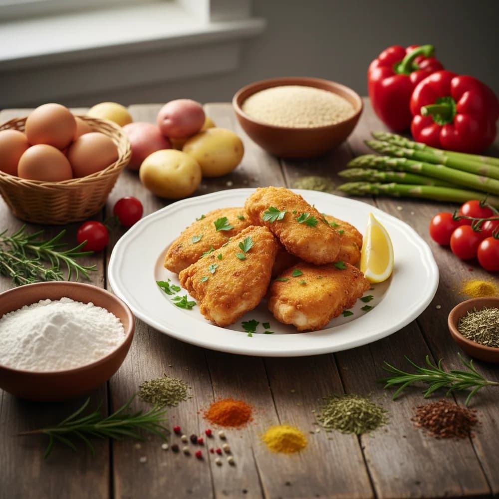 Glutenfreie Rezepte – bunte Zutaten und ein fertiges Gericht auf einem rustikalen Holztisch