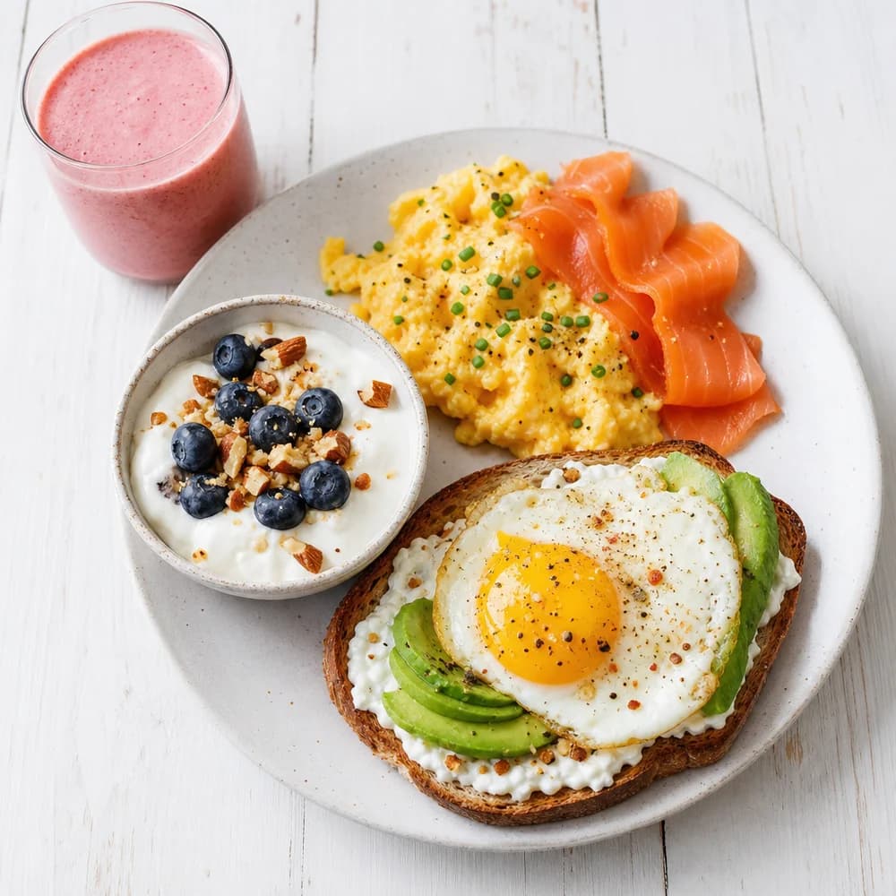 High Protein Frühstück Ideen: Rührei mit Lachs, griechischer Joghurt und Avocado-Toast auf einem hellen Holztisch