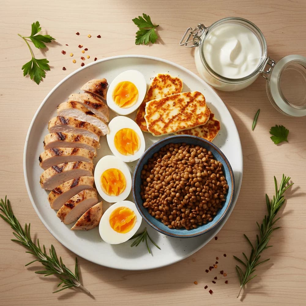 High Protein Rezepte – eiweißreiche Mahlzeiten mit Hähnchen, Eiern, Halloumi und Hülsenfrüchten auf Holztisch