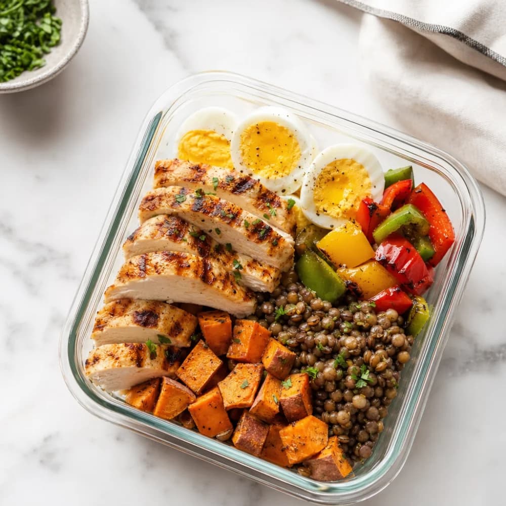High Protein Meal Prep Wochenplan mit Hähnchenbrust, Eiern, Hülsenfrüchten und Gemüse in Vorratsbehältern