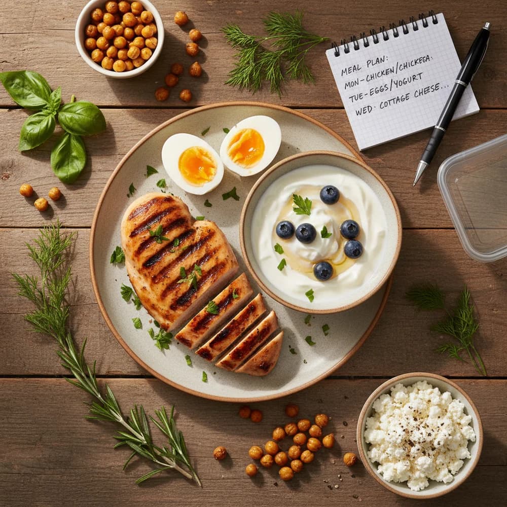 High Protein Rezepte Zutaten – Hähnchen, Eier, Quark und Hülsenfrüchte auf einem Holztisch