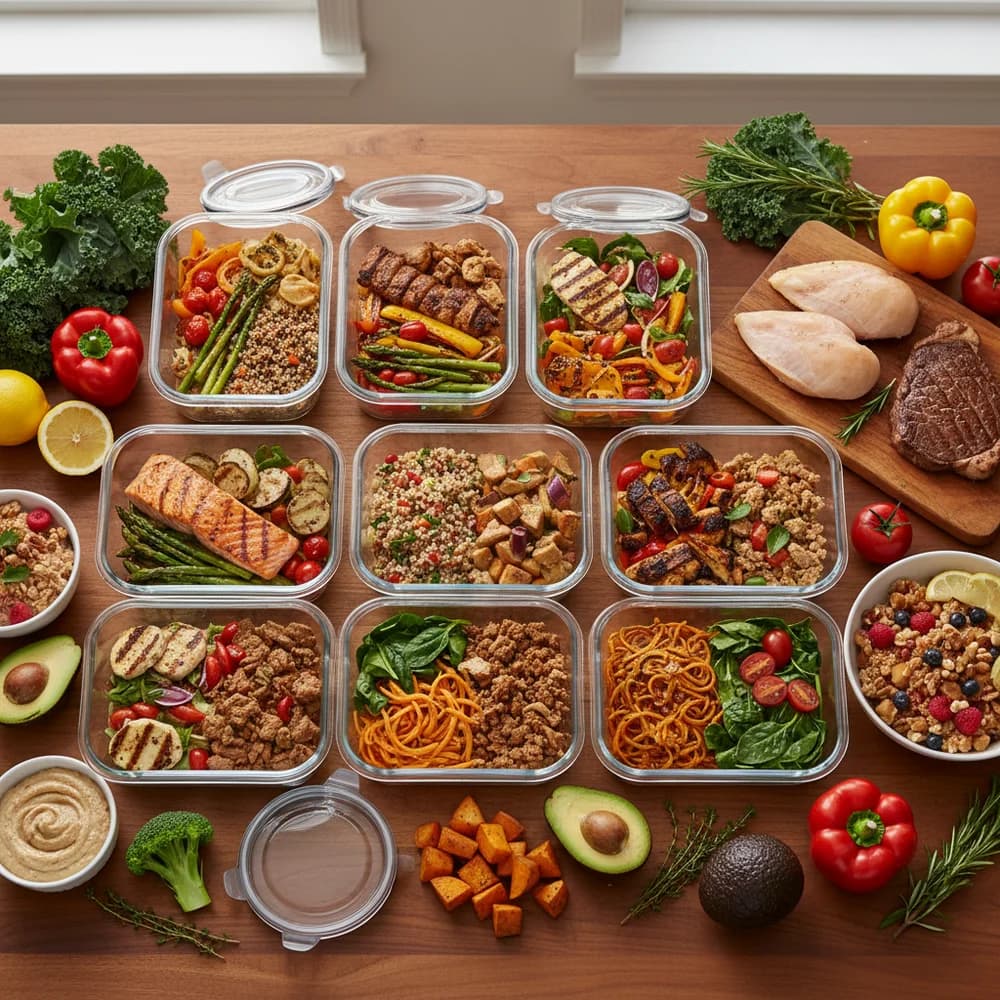 Meal Prep Boxen mit verschiedenen vorgekochten Mahlzeiten für die Woche auf Holztisch