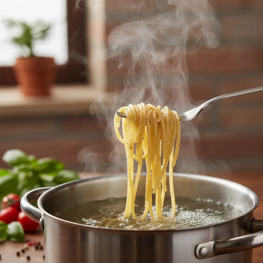 Perfekt gekochte Nudeln al dente werden mit einer Gabel aus dem Kochtopf gehoben - so gelingt pasta kochen richtig