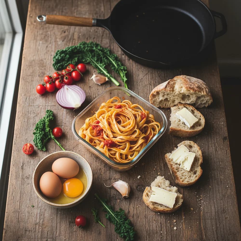 Reste verwerten in der Küche – verschiedene Lebensmittelreste kreativ arrangiert zum Kochen