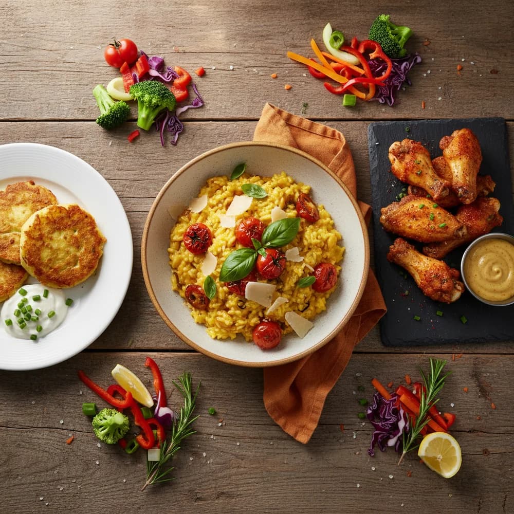 Verschiedene schnelle glutenfreie Rezepte auf einem rustikalen Holztisch – Risotto, Chicken Wings und Kartoffelpuffer