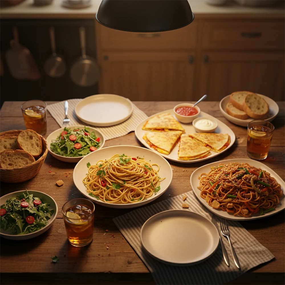 Schnelles Abendessen in unter 20 Minuten - verschiedene einfache Gerichte auf einem Tisch