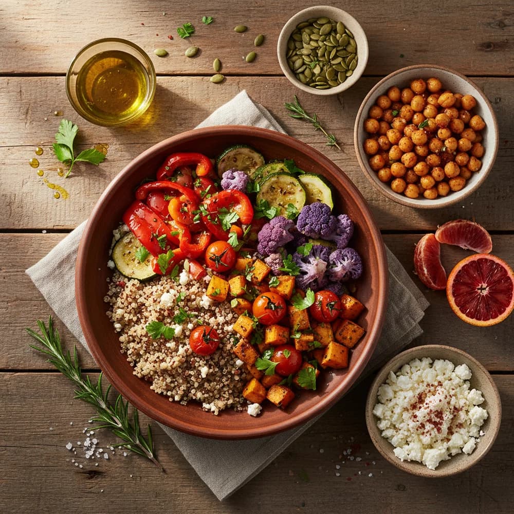 Buntes vegetarisches Gericht mit Ofengemüse, Kichererbsen und Quinoa - vegetarisch kochen lernen