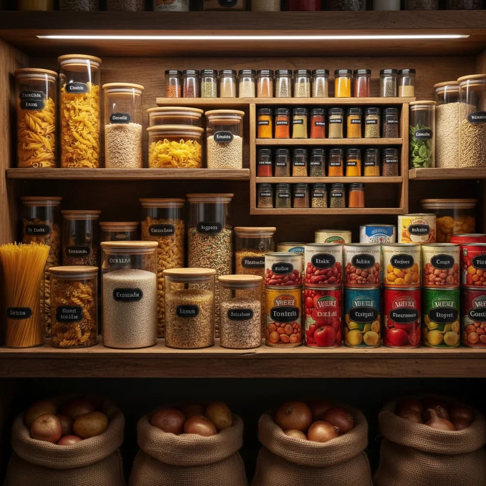 Gut organisierte Vorratskammer mit Grundnahrungsmitteln, Konserven und Vorratsbehältern für die perfekte Vorratshaltung