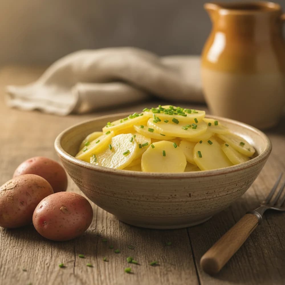 Schüssel mit deutschem Kartoffelsalat aus festkochenden Kartoffeln mit Essig-Brühe-Dressing und Schnittlauch